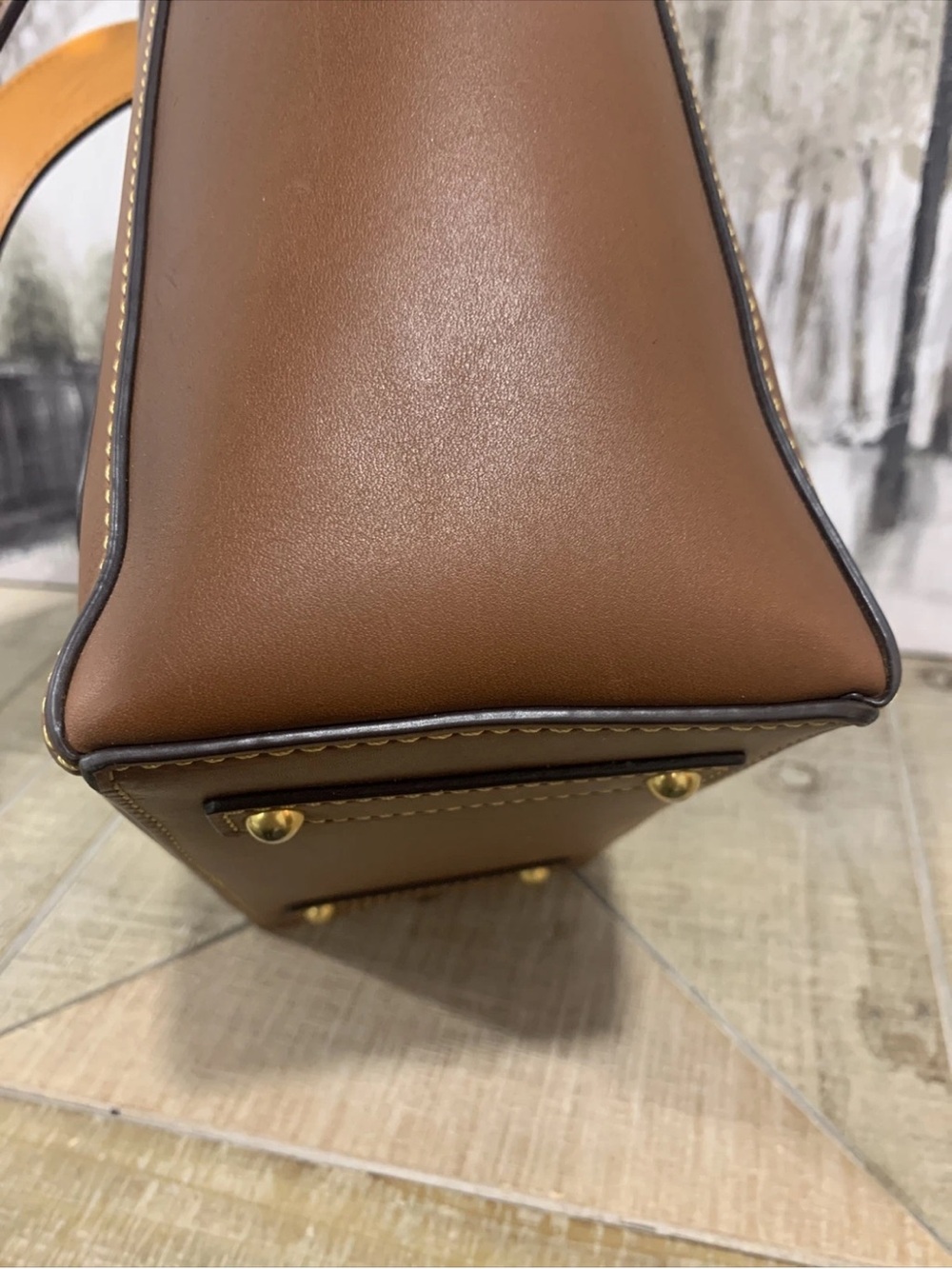 Leather Bucket Shoulder Bag in Brown with Gold Accent - Picture 10 of 16